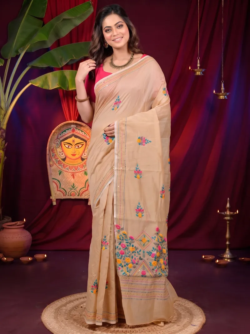 DipDiya Cotton Blend Light Brown Dayki Bengal’s Legacy Kantha Stitch Sarees