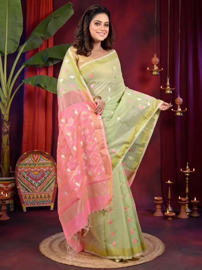 DipDiya Cotton Blend Light Green Pink Dhrum Classic Bengali Handloom Sarees