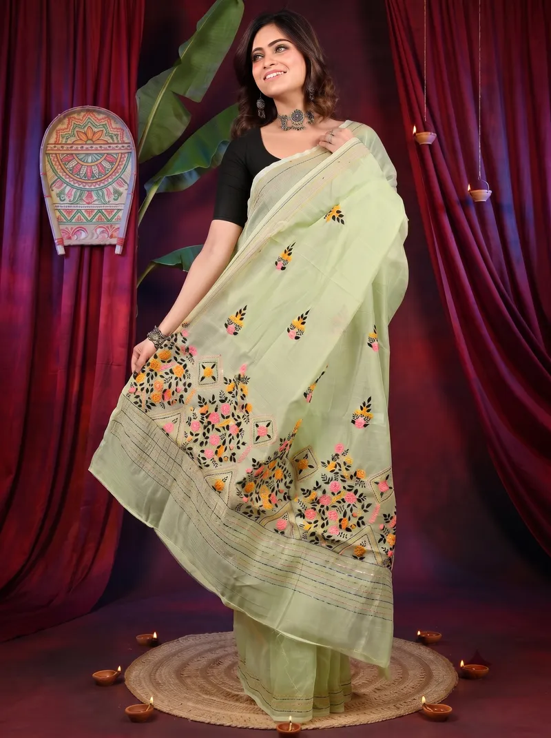 DipDiya Cotton Blend Lime Green Dayki Artisan Woven Kantha Stitch Sarees