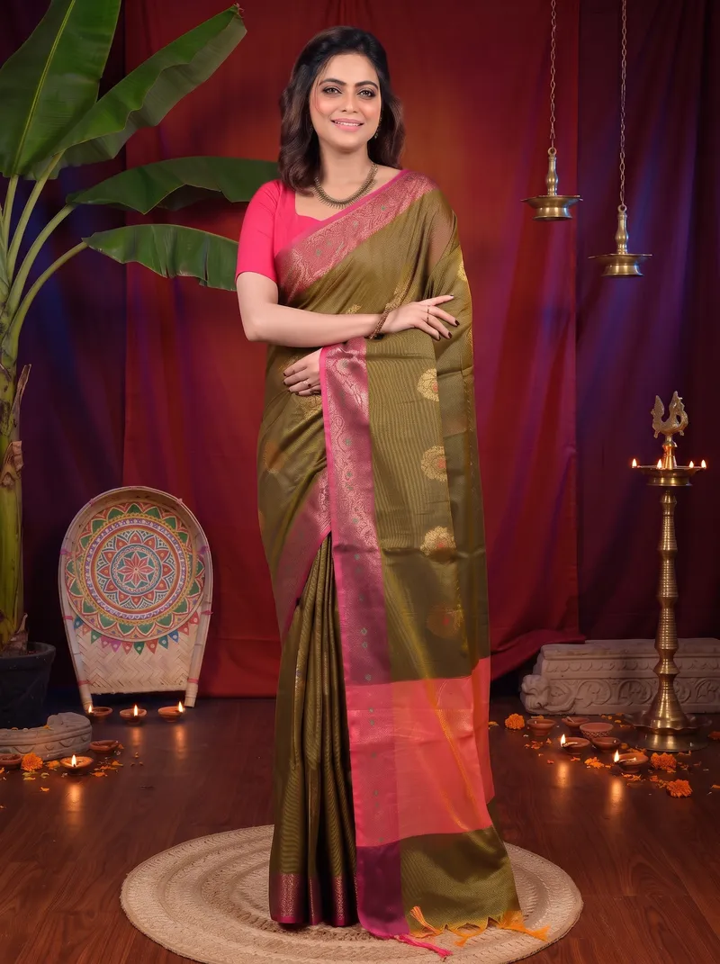 DipDiya Cotton Blend Mehndi Green Pink Daymin Woven with Tradition Handloom Sarees