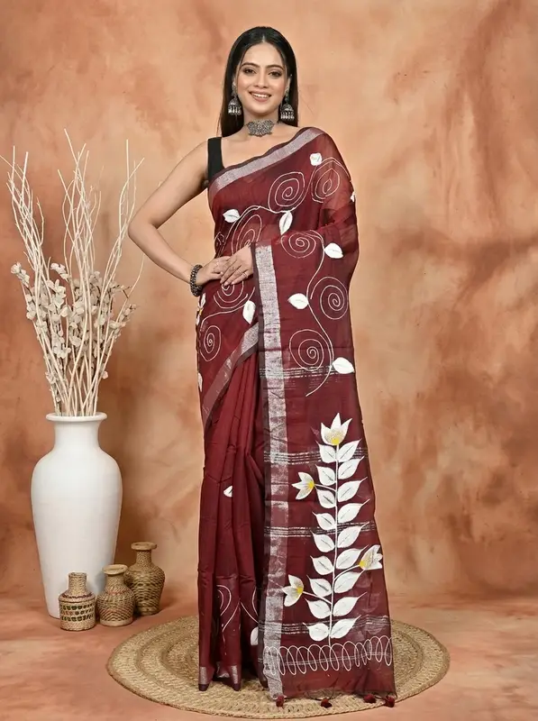 DipDiya Cotton Blend Merron Souvar Heritage of Bengali Hand Painted Sarees