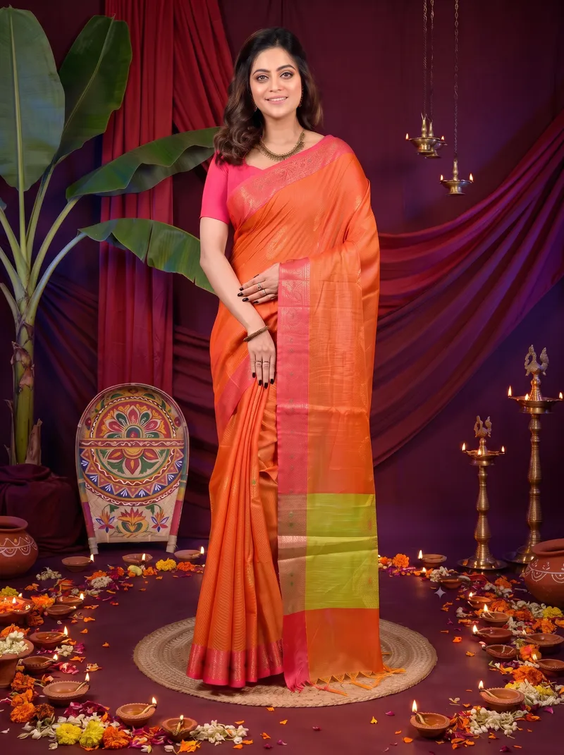 DipDiya Cotton Blend Orange Green Daymin Wrapped in Heritage Handloom Sarees
