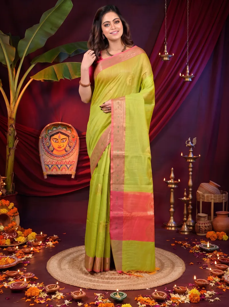 DipDiya Cotton Blend Pesta Green Pink Daymin Traditional Bengali Handloom Sarees