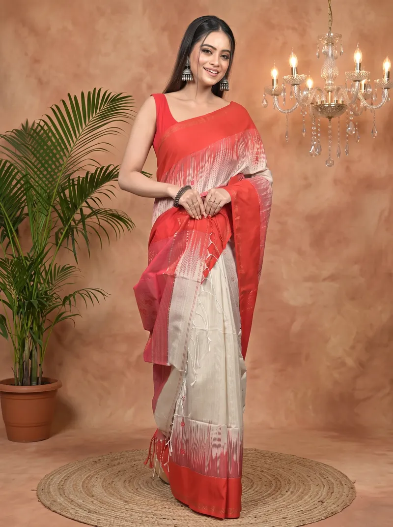 DipDiya Cotton Blend Red Cream Parlkim Loom to Love Ikkat Jharna Sarees