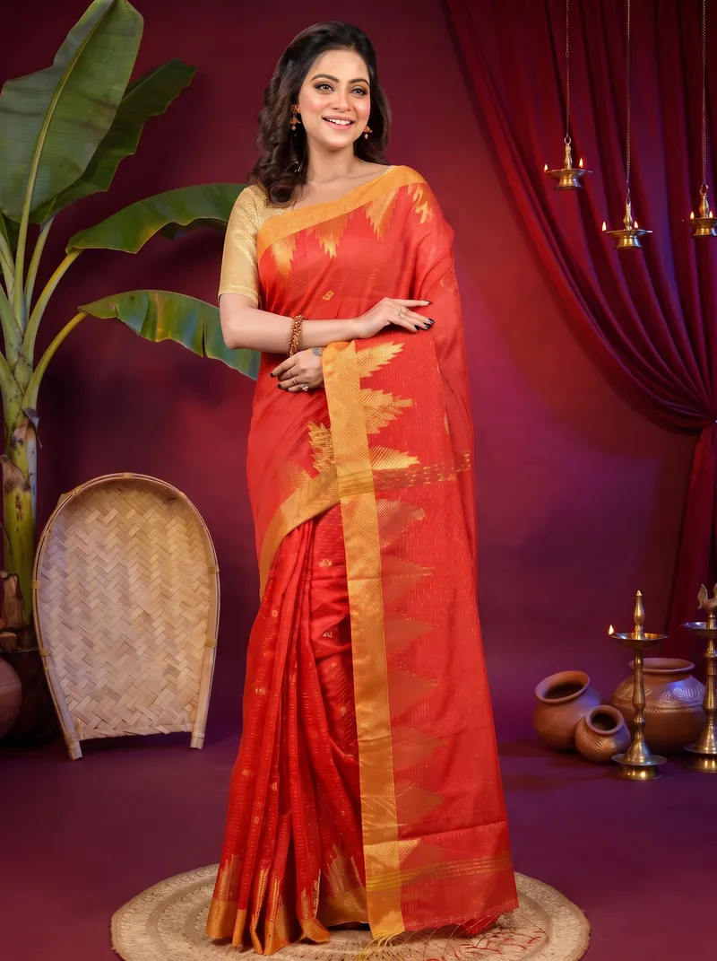 DipDiya Cotton Blend Red Daypi Timeless Elegance Handloom Sarees