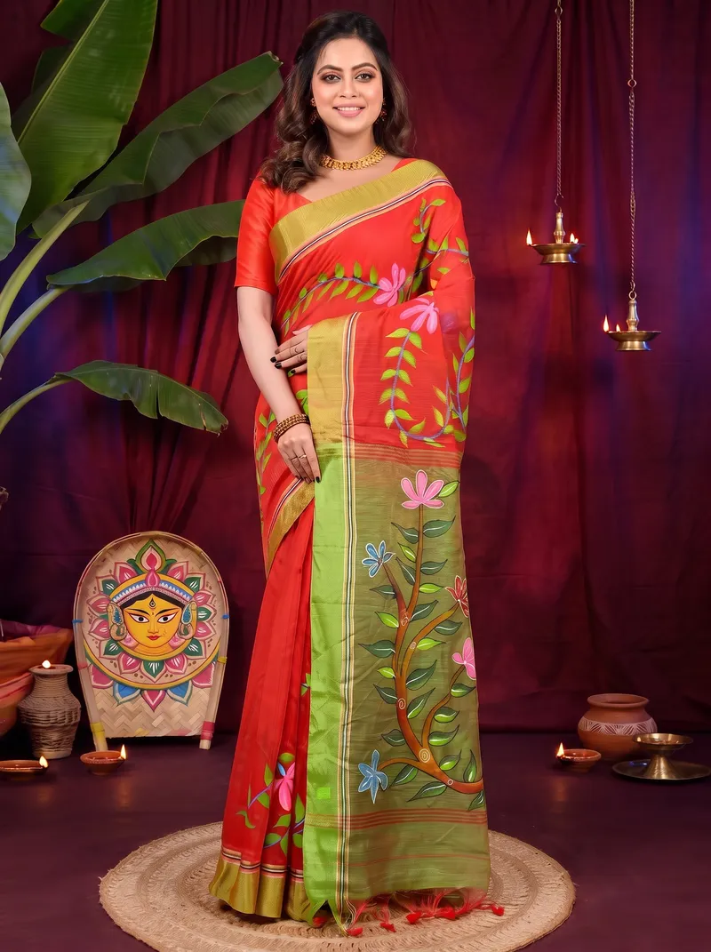DipDiya Cotton Blend Red Green Deepsi Handcrafted Elegance Hand Painted Sarees