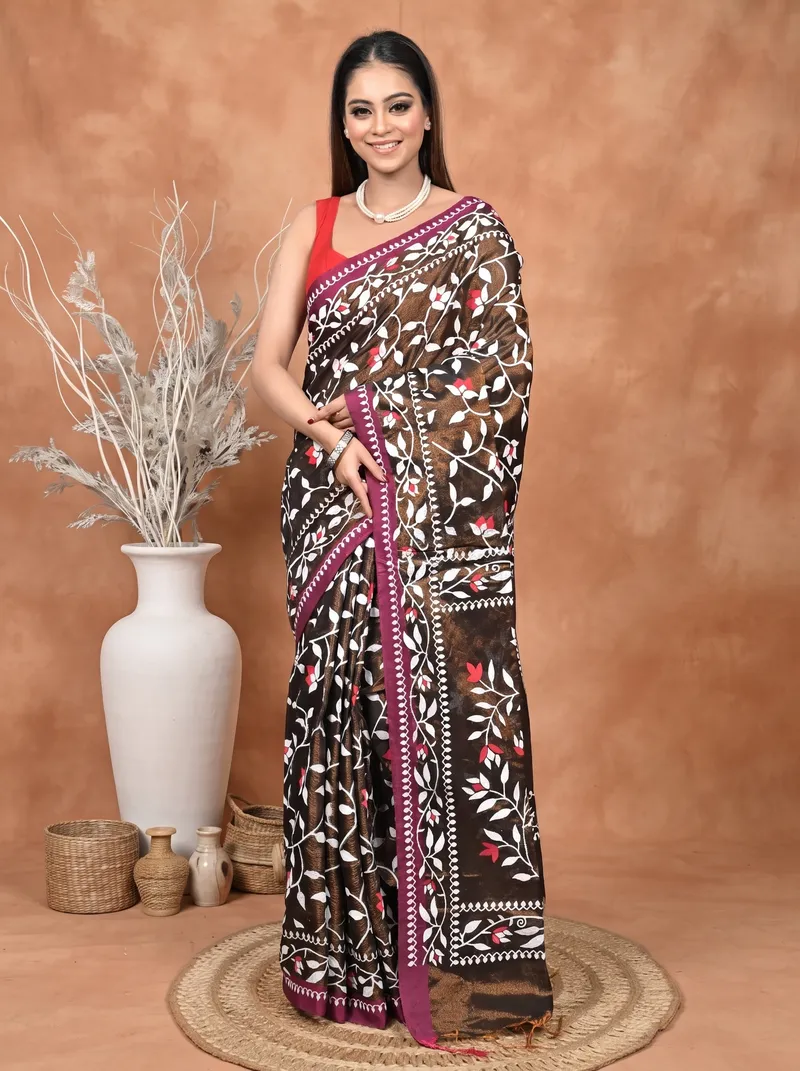 DipDiya Cotton Blend  Traditional Bengali Black Artisan Crafted Parbun Handloom Saree