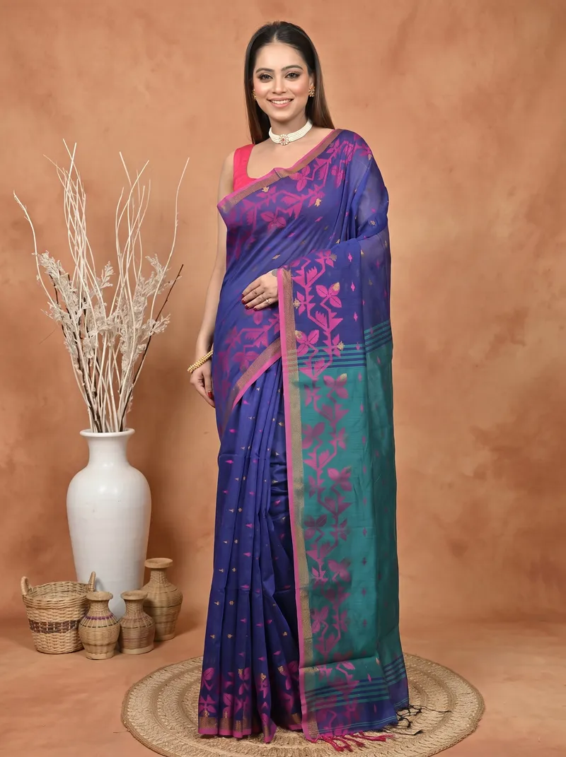 DipDiya Cotton Blend  Traditional Bengali Blue Green Artisan Crafted Parvon Kanjivaram Silk Saree