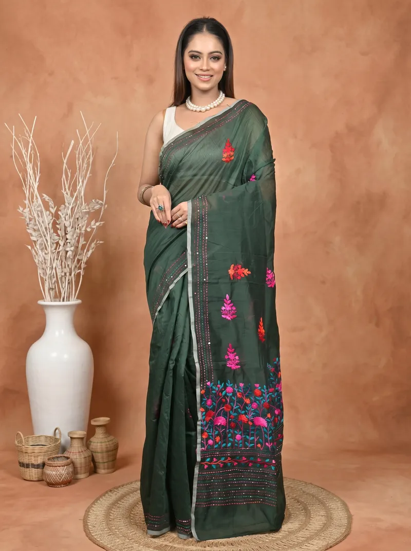 DipDiya Cotton Blend  Traditional Bengali Bottle Green Artisan Crafted Soubun Kathan Saree