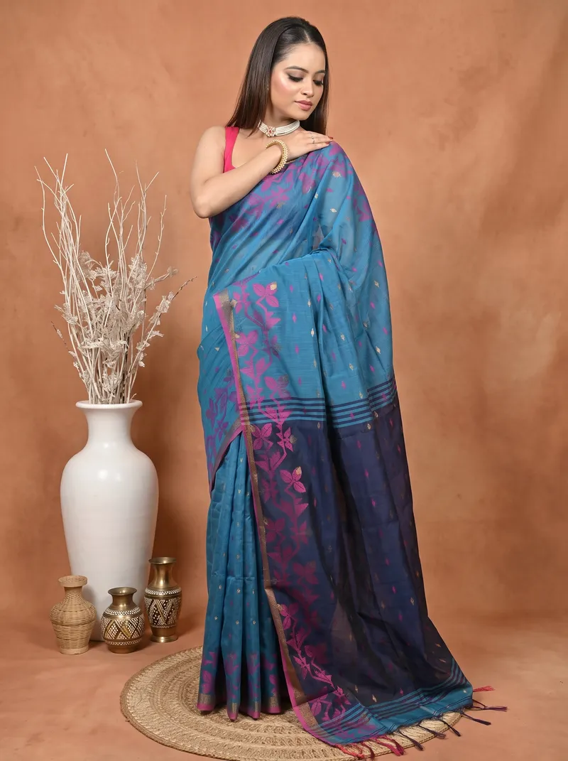 DipDiya Cotton Blend  Traditional Bengali Cobalt Blue Artisan Crafted Parvon Kanjivaram Silk Saree