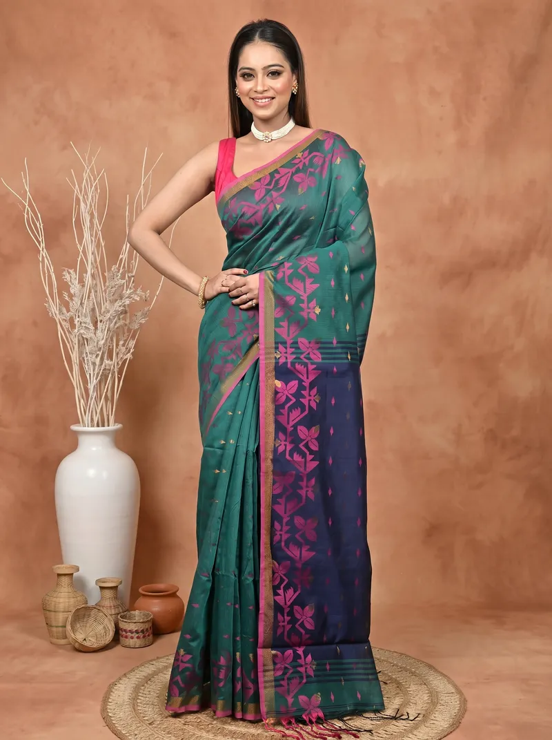 DipDiya Cotton Blend  Traditional Bengali Dark Green Artisan Crafted Parvon Kanjivaram Silk Saree