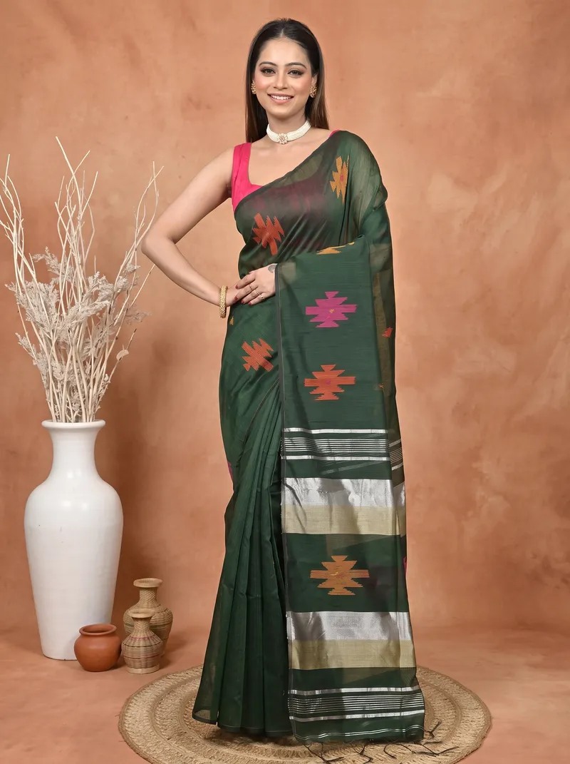 DipDiya Cotton Blend  Traditional Bengali Dark Green Artisan Crafted Soulik Handloom Saree