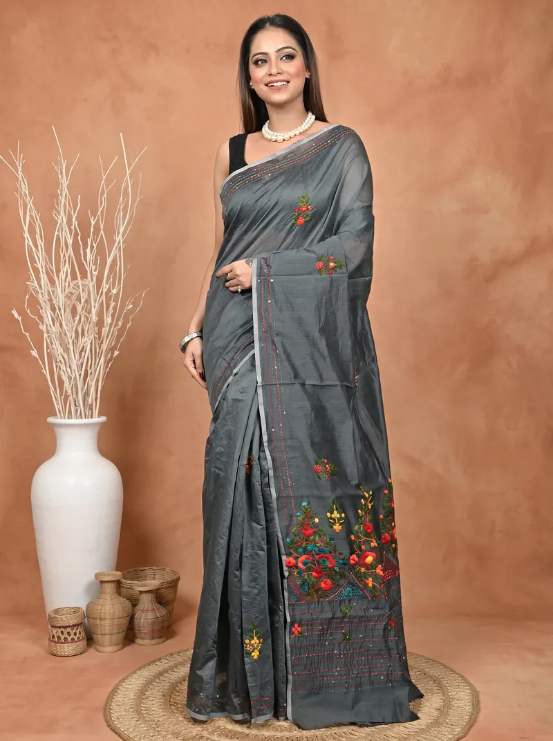 DipDiya Cotton Blend  Traditional Bengali Dark Grey Artisan Crafted Soubun Kathan Saree