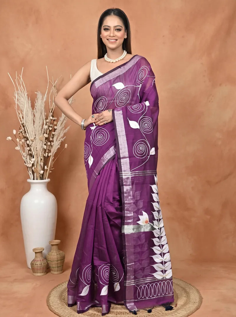 DipDiya Cotton Blend  Traditional Bengali Dark Violet Artisan Crafted Souvar Hand Painted Saree