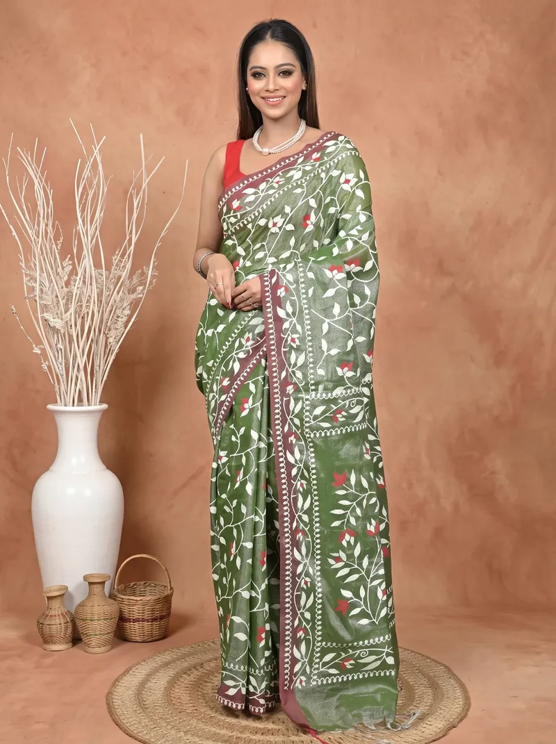 DipDiya Cotton Blend  Traditional Bengali Green Artisan Crafted Parbun Handloom Saree