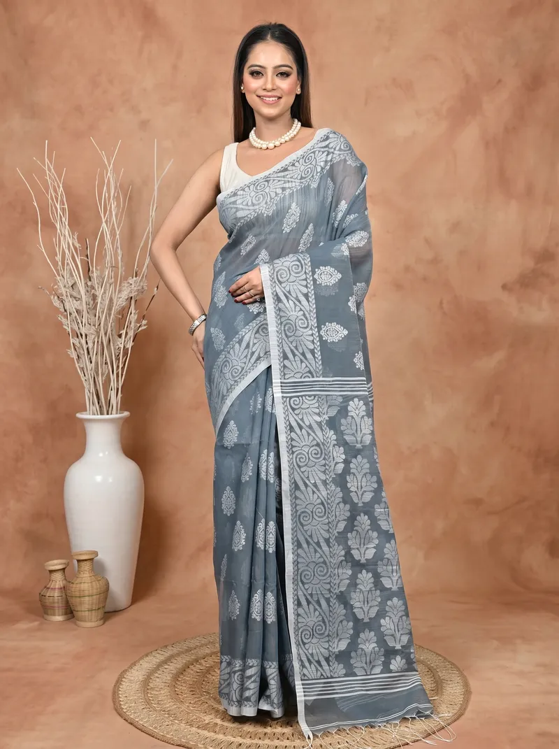 DipDiya Cotton Blend  Traditional Bengali Grey Artisan Crafted Parbit Handloom Saree