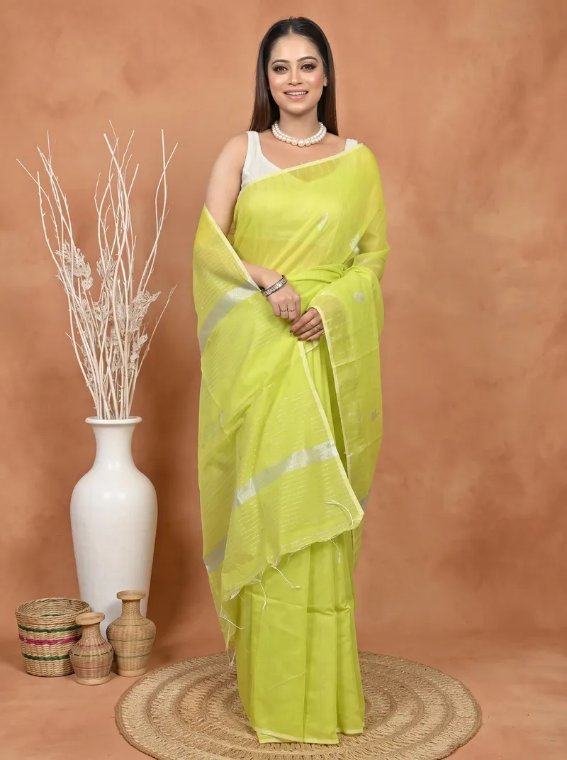 DipDiya Cotton Blend  Traditional Bengali Lemon Green Artisan Crafted Soubit Handloom Saree