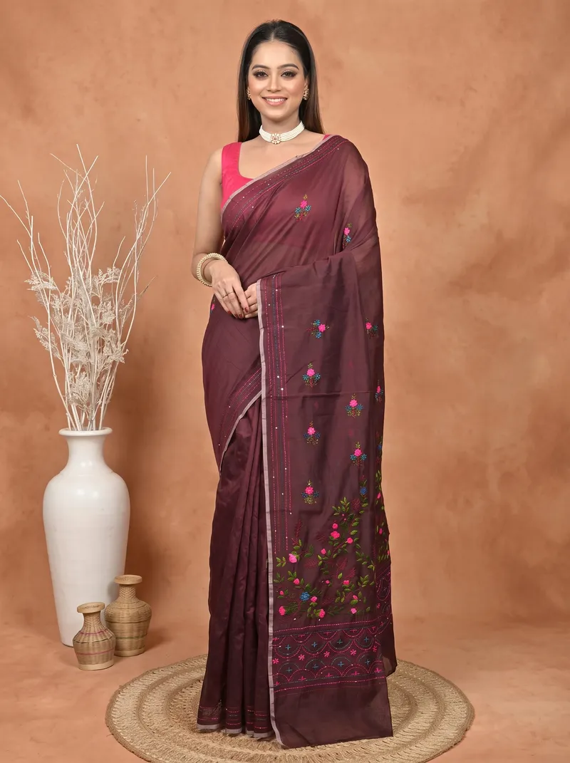 DipDiya Cotton Blend  Traditional Bengali Maroon Artisan Crafted Soubun Kathan Saree
