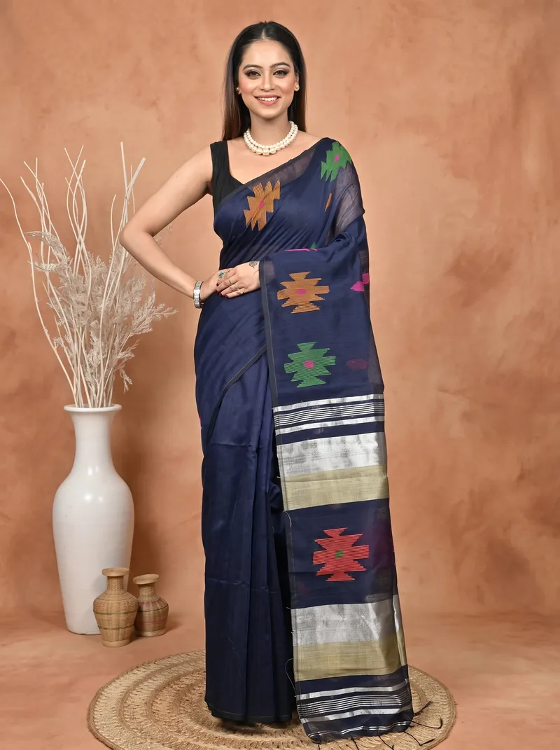 DipDiya Cotton Blend  Traditional Bengali Night Blue Artisan Crafted Soulik Handloom Saree