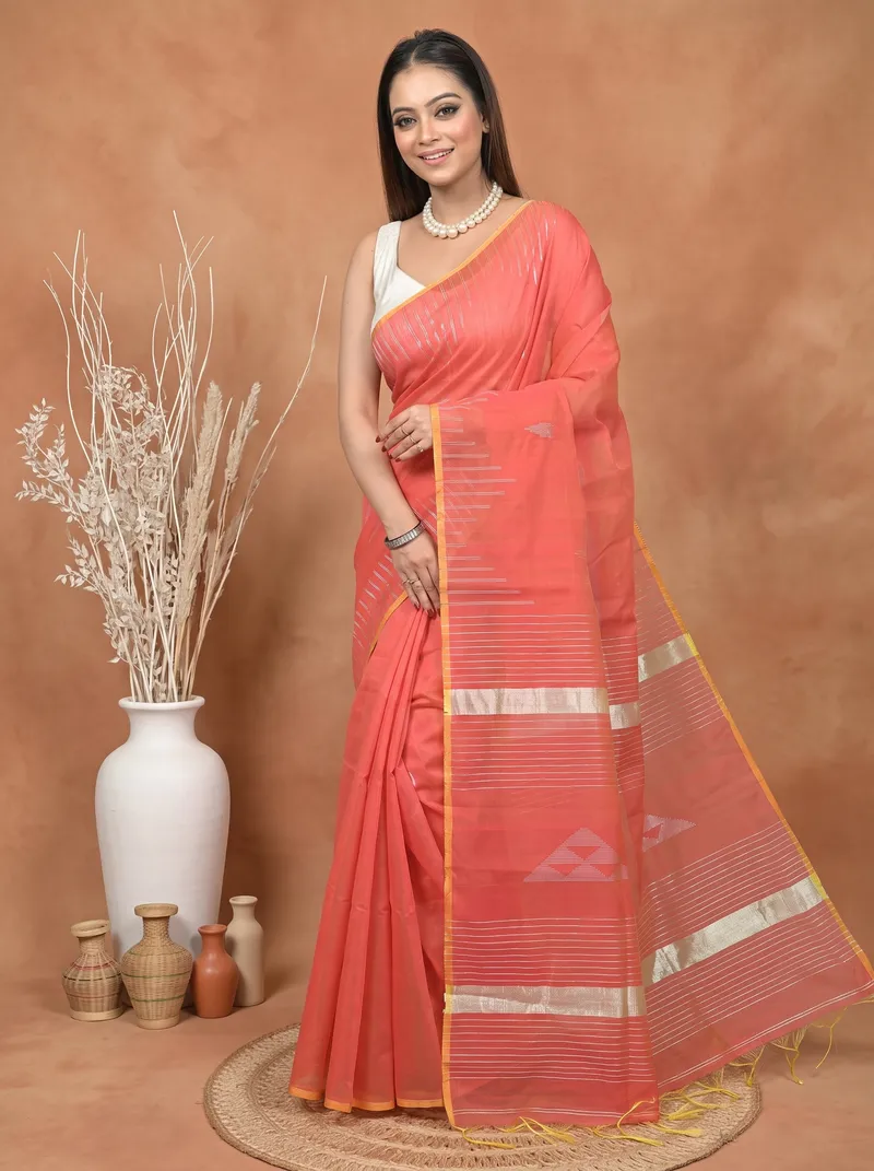 DipDiya Cotton Blend  Traditional Bengali Peach Artisan Crafted Soubit Handloom Saree