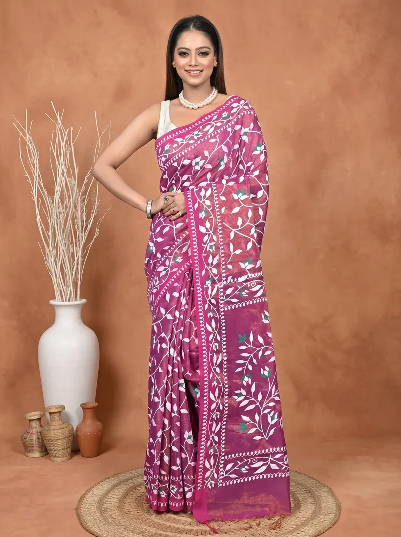 DipDiya Cotton Blend  Traditional Bengali Purpel Artisan Crafted Parbun Handloom Saree