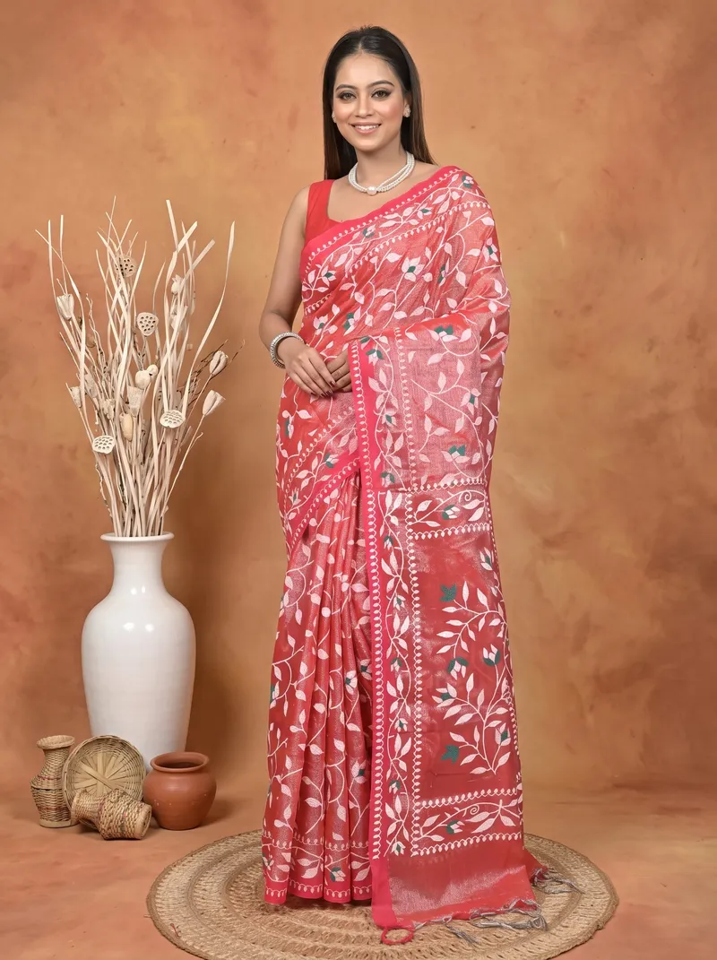 DipDiya Cotton Blend  Traditional Bengali Red Artisan Crafted Parbun Handloom Saree