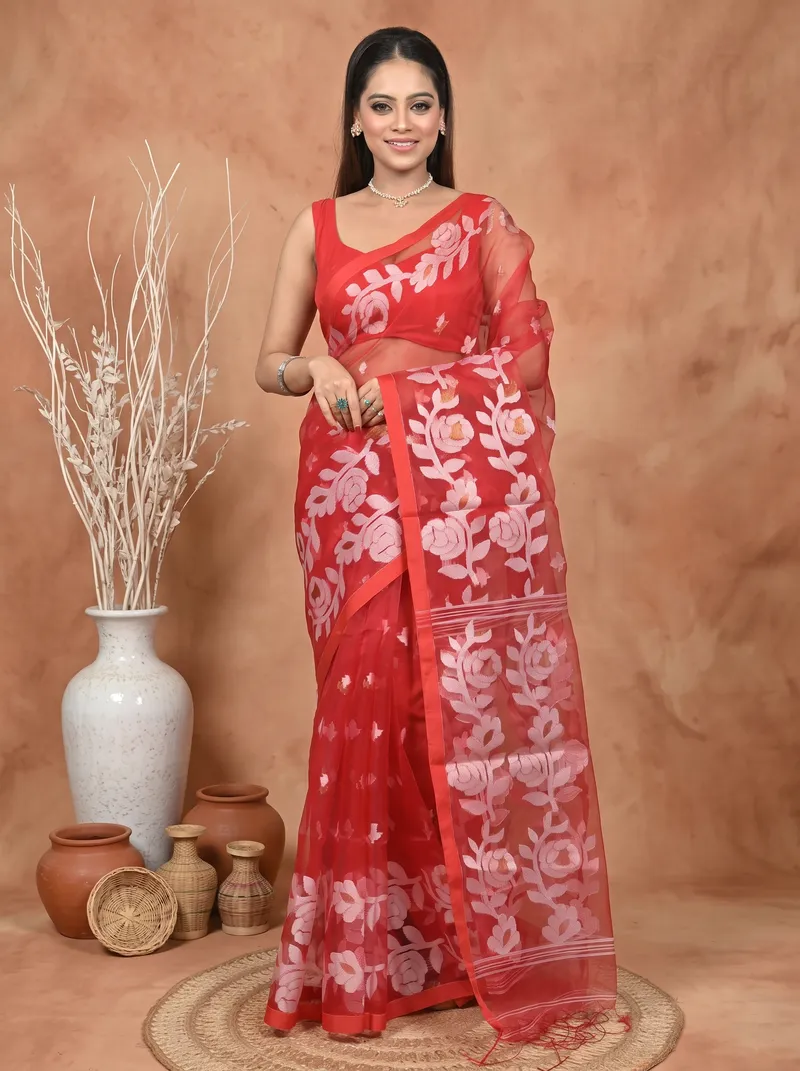 DipDiya Cotton Blend  Traditional Bengali Red Artisan Crafted Soulan Muslin saree