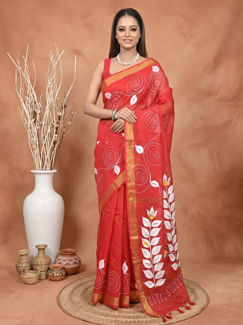DipDiya Cotton Blend  Traditional Bengali Red Artisan Crafted Souvar Hand Painted Saree