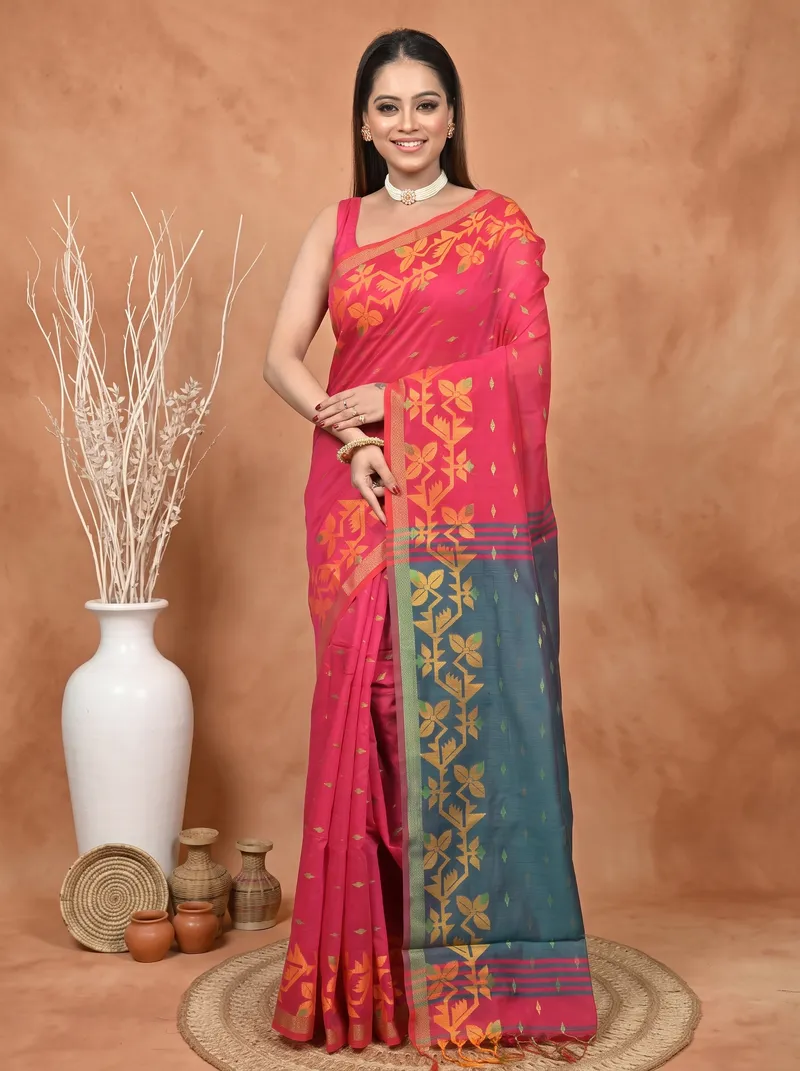 DipDiya Cotton Blend  Traditional Bengali Red Green Artisan Crafted Parvon Kanjivaram Silk Saree