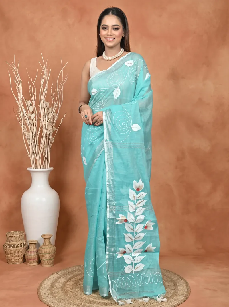 DipDiya Cotton Blend  Traditional Bengali See Blue Artisan Crafted Souvar Hand Painted Saree