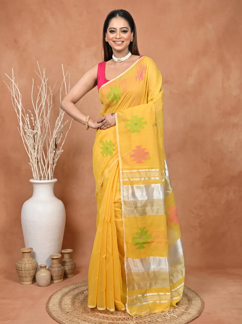 DipDiya Cotton Blend  Traditional Bengali Yellow Artisan Crafted Soulik Handloom Saree
