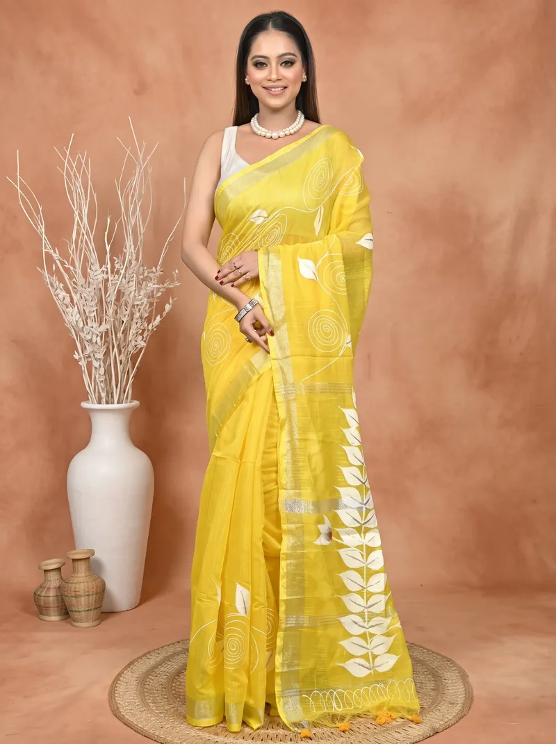 DipDiya Cotton Blend  Traditional Bengali Yellow Artisan Crafted Souvar Hand Painted Saree