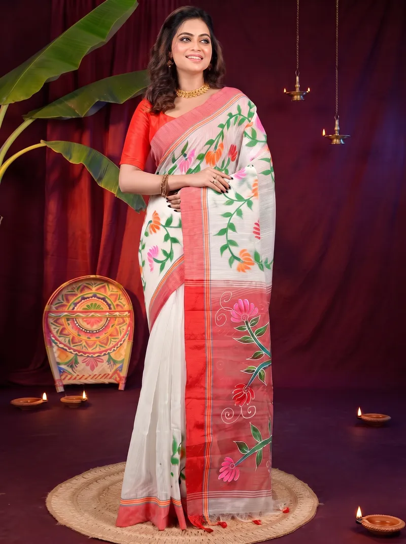 DipDiya Cotton Blend White Red Deepsi Grace of Bengal Hand Painted Sarees