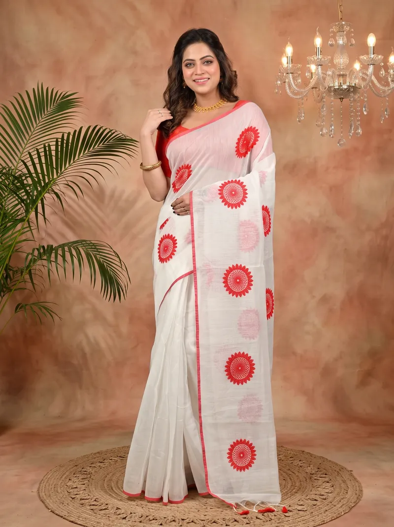 DipDiya Cotton Blend White Red Variti embhand Pure Bengali Grace Embroidery Handloom sarees
