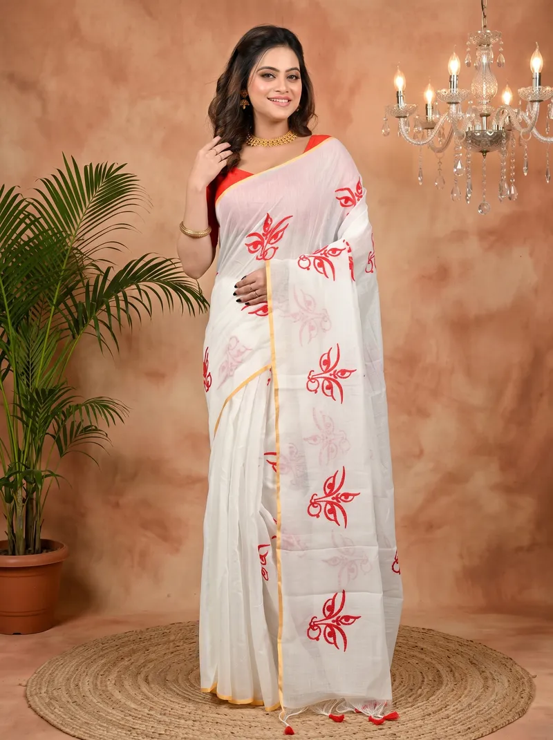 DipDiya Cotton Blend White Red Variti embhand Regal Bengali Embroidery Handloom sarees