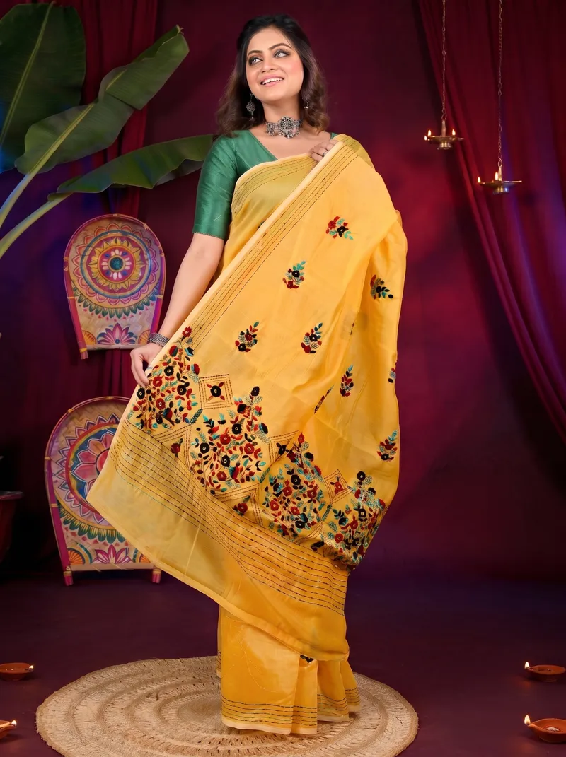 DipDiya Cotton Blend Yellow Dayki Bengal in Every Thread Kantha Stitch Sarees