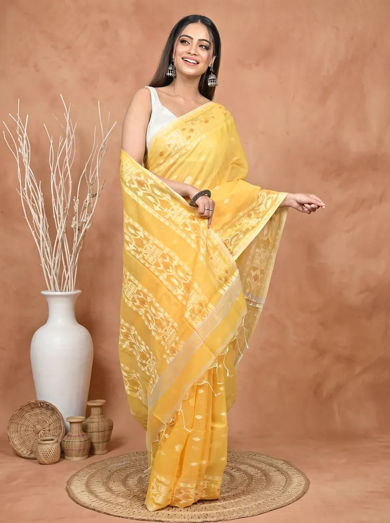 DipDiya Cotton Blend Yellow Parlvi Woven with Love Handloom Sarees
