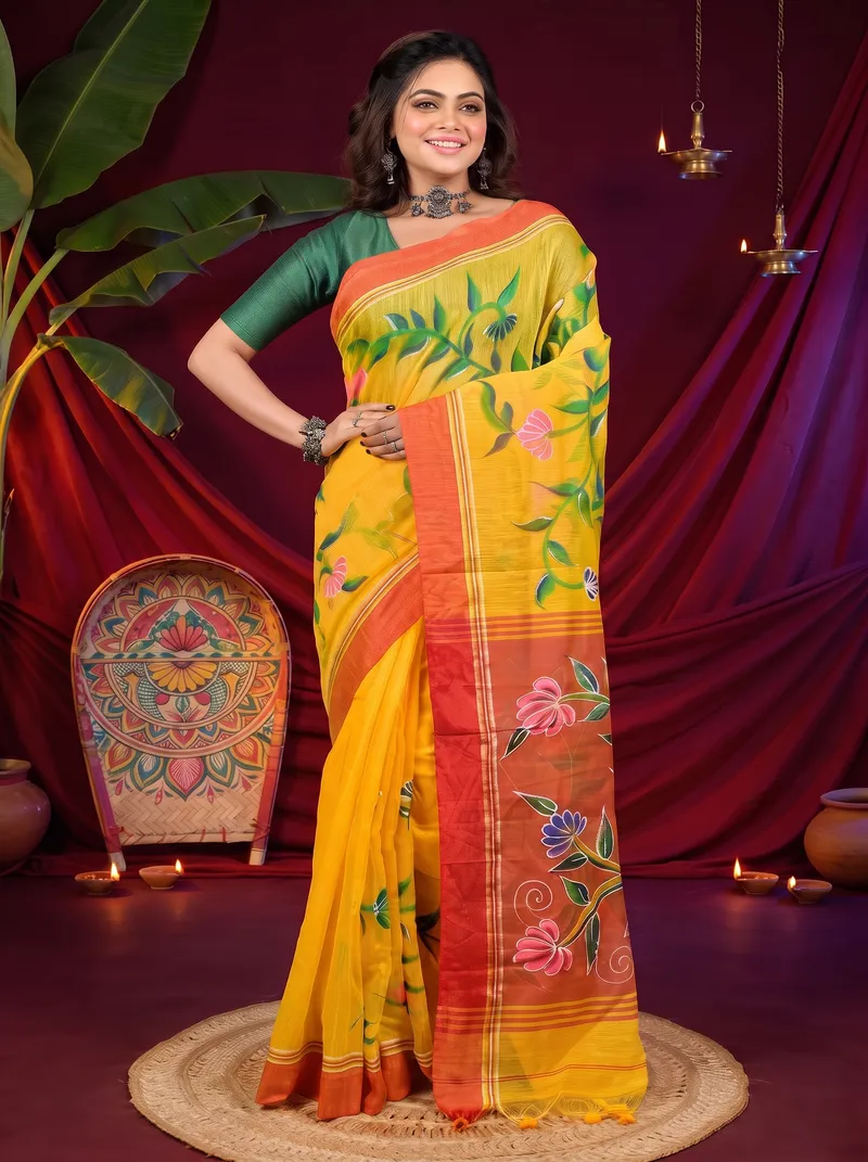 DipDiya Cotton Blend Yellow Red Deepsi Handloom Heritage Hand Painted Sarees