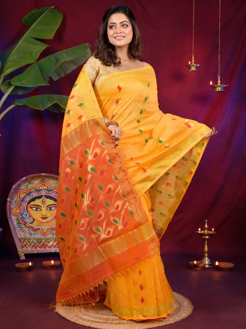 DipDiya Cotton Blend Yellow Red Dhrum Classic Grace Handloom Sarees
