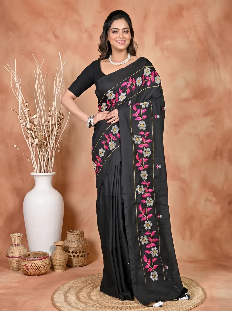 DipDiya Cotton Blended Black Paraya Bengali Heritage Embroidery Handloom sarees