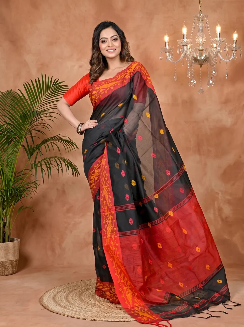 DipDiya Cotton Blended Black Red Parul Crafted in Bengal Handloom Sarees