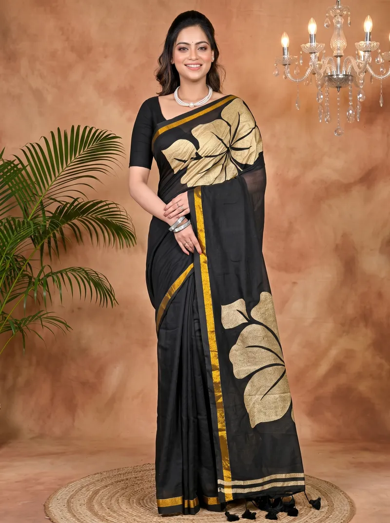 DipDiya Cotton Blended Black Soura Essence of Bengal Printed Handloom Sarees
