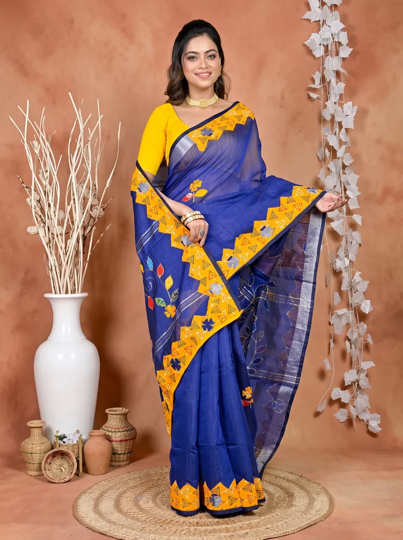 DipDiya Cotton Blended Blue Parik Timeless Elegance Applique Sarees