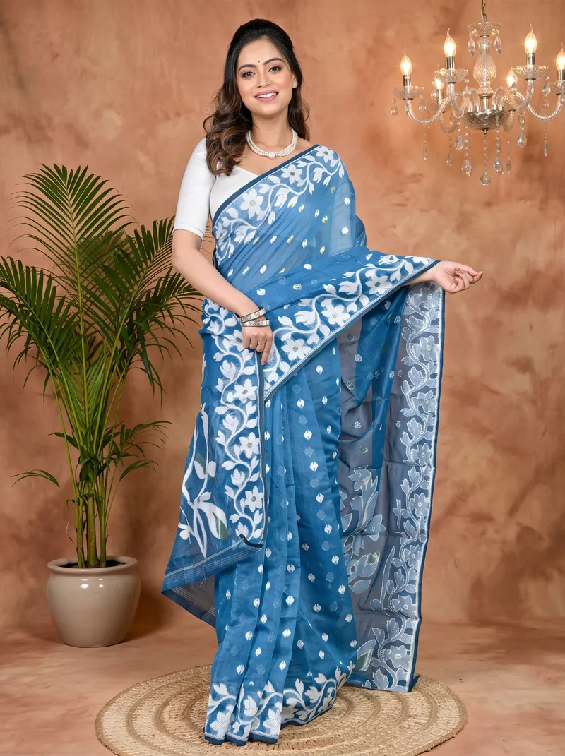 DipDiya Cotton Blended Blue Parinit Wrapped in Heritage Jamdani Sarees