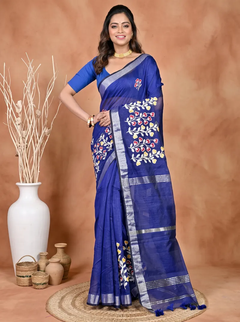 DipDiya Cotton Blended Blue Paroni Wrapped in Heritage Embroidery Handloom sarees