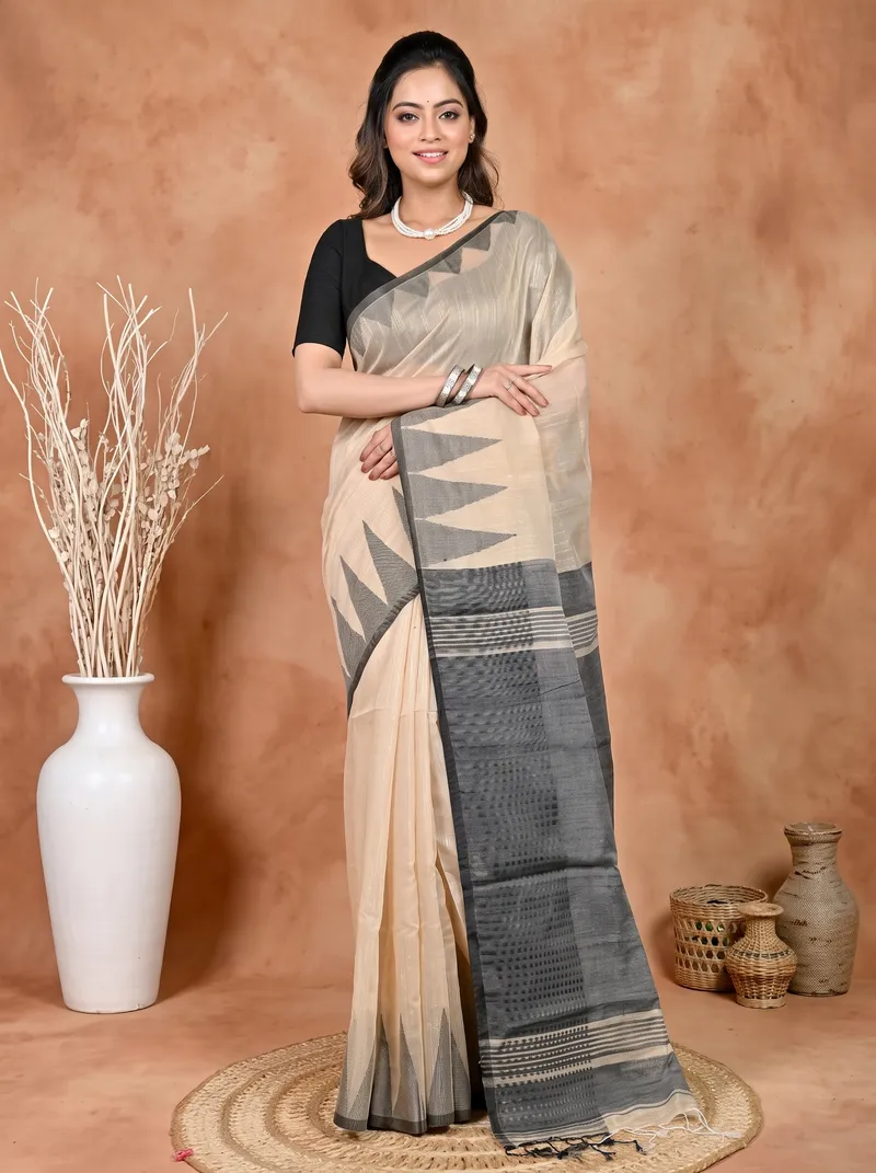 DipDiya Cotton Blended Cream Pariva Classic Bengali Handloom Sarees