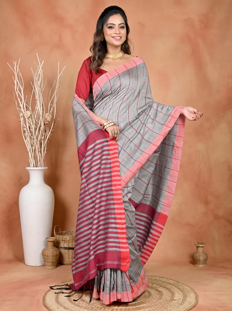 DipDiya Cotton Blended Grey Parodhi Stories of Bengal Handloom Sarees