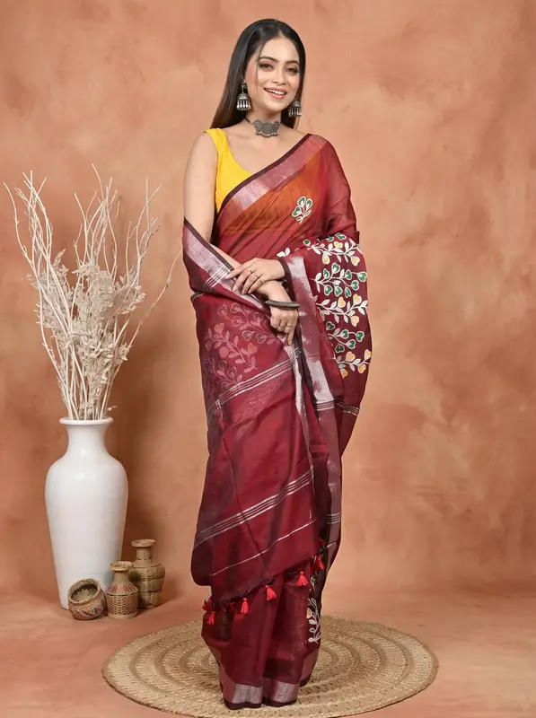 DipDiya Cotton Blended Maroon Paroni Heritage of Bengali Embroidery Handloom sarees