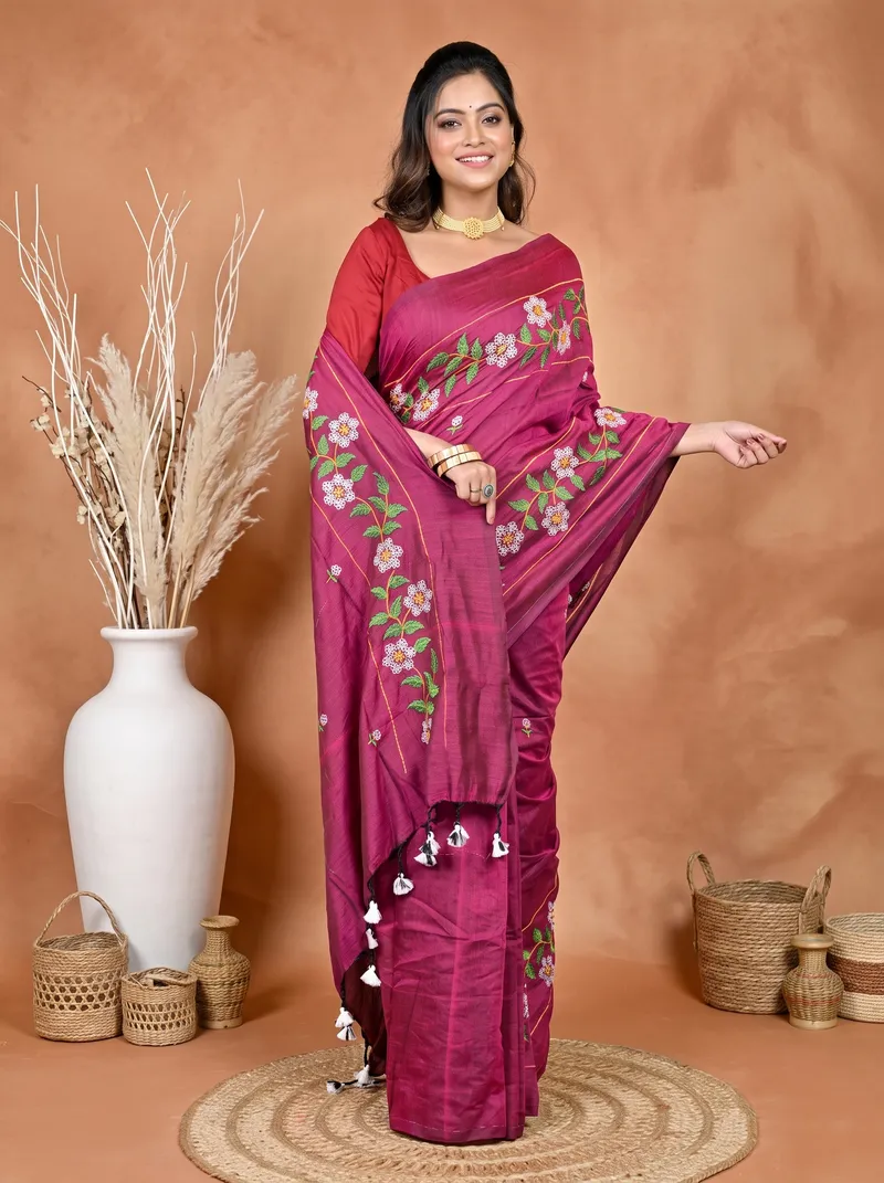 DipDiya Cotton Blended Merron Paraya Crafted by Artisans Embroidery Handloom sarees