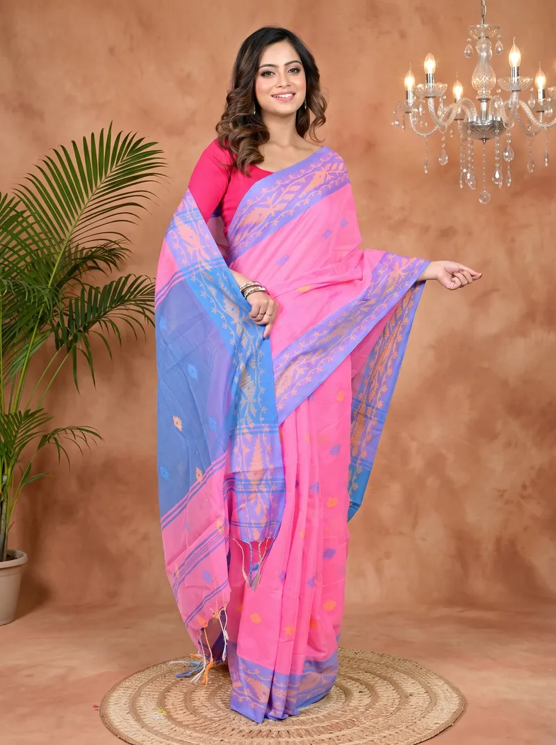 DipDiya Cotton Blended Pink Blue Parul Elegance in Every Weave Handloom Sarees